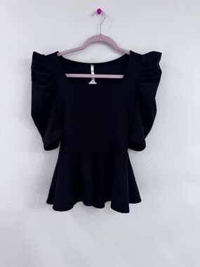 Yoyo 5 Black Square Neck Peplum Top with Puff Sleeves - Size S